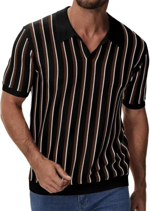 iWoo Men's Knit Polo Shirts Short Sleeve Vintage Striped Casual Golf Polo Classic Collared T Shirt