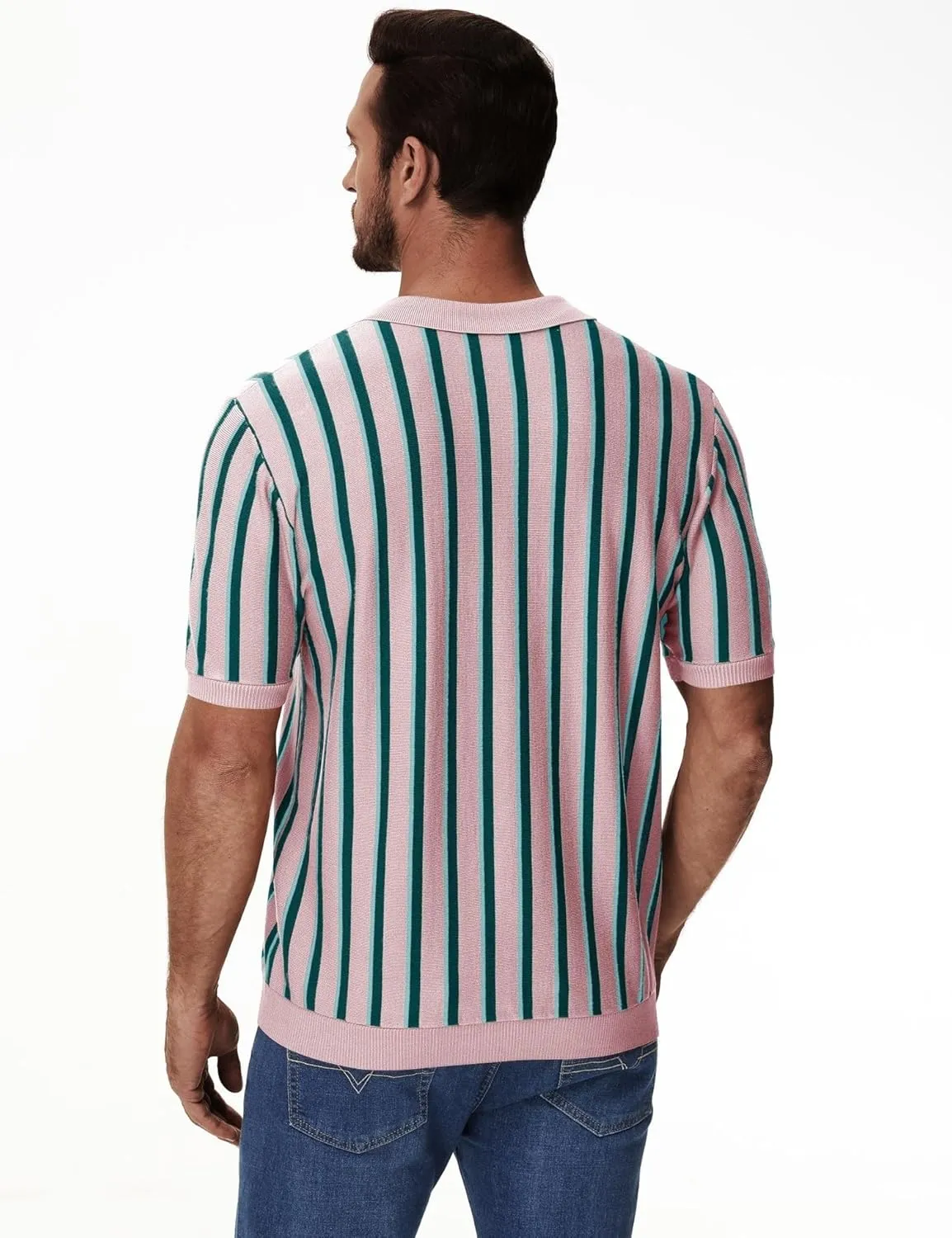 iWoo Men's Knit Polo Shirts Short Sleeve Vintage Striped Casual Golf Polo Classic Collared T Shirt