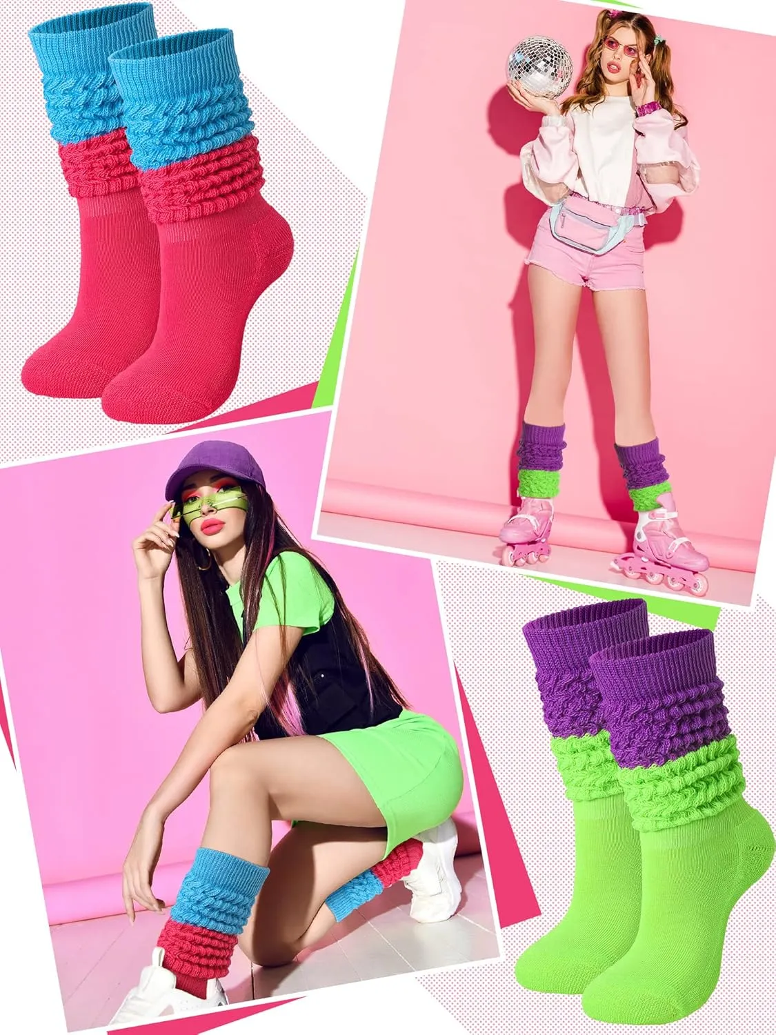 Janmercy 4 Pairs Slouch Socks for Women Bulk Stacked Boot 80s 90s Neon Slouch Knit Scrunchie Socks