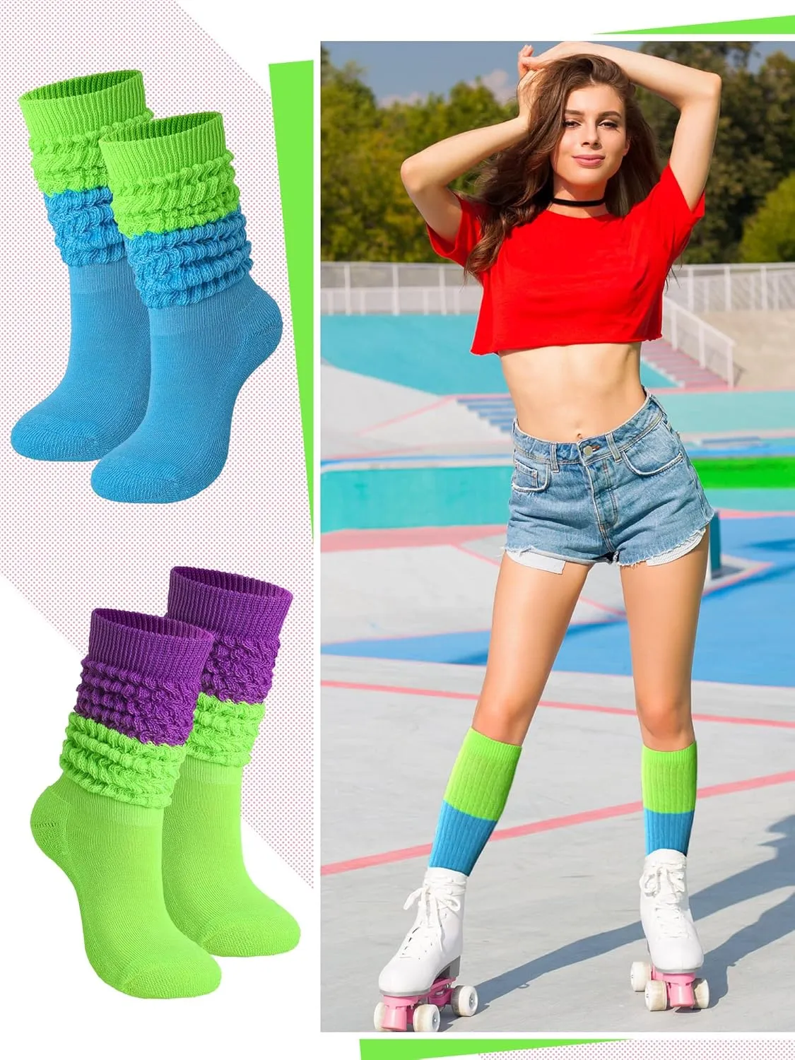 Janmercy 4 Pairs Slouch Socks for Women Bulk Stacked Boot 80s 90s Neon Slouch Knit Scrunchie Socks