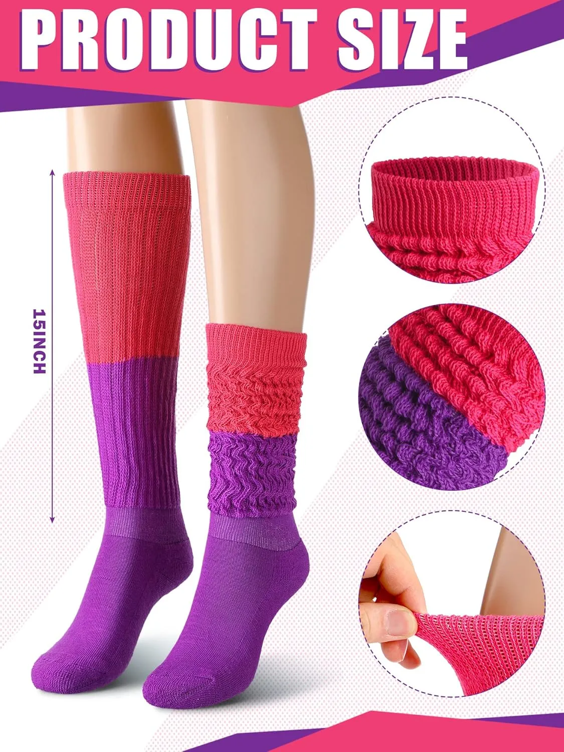 Janmercy 4 Pairs Slouch Socks for Women Bulk Stacked Boot 80s 90s Neon Slouch Knit Scrunchie Socks