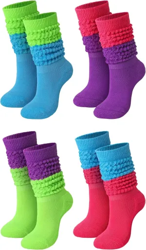 Janmercy 4 Pairs Slouch Socks for Women Bulk Stacked Boot 80s 90s Neon Slouch Knit Scrunchie Socks