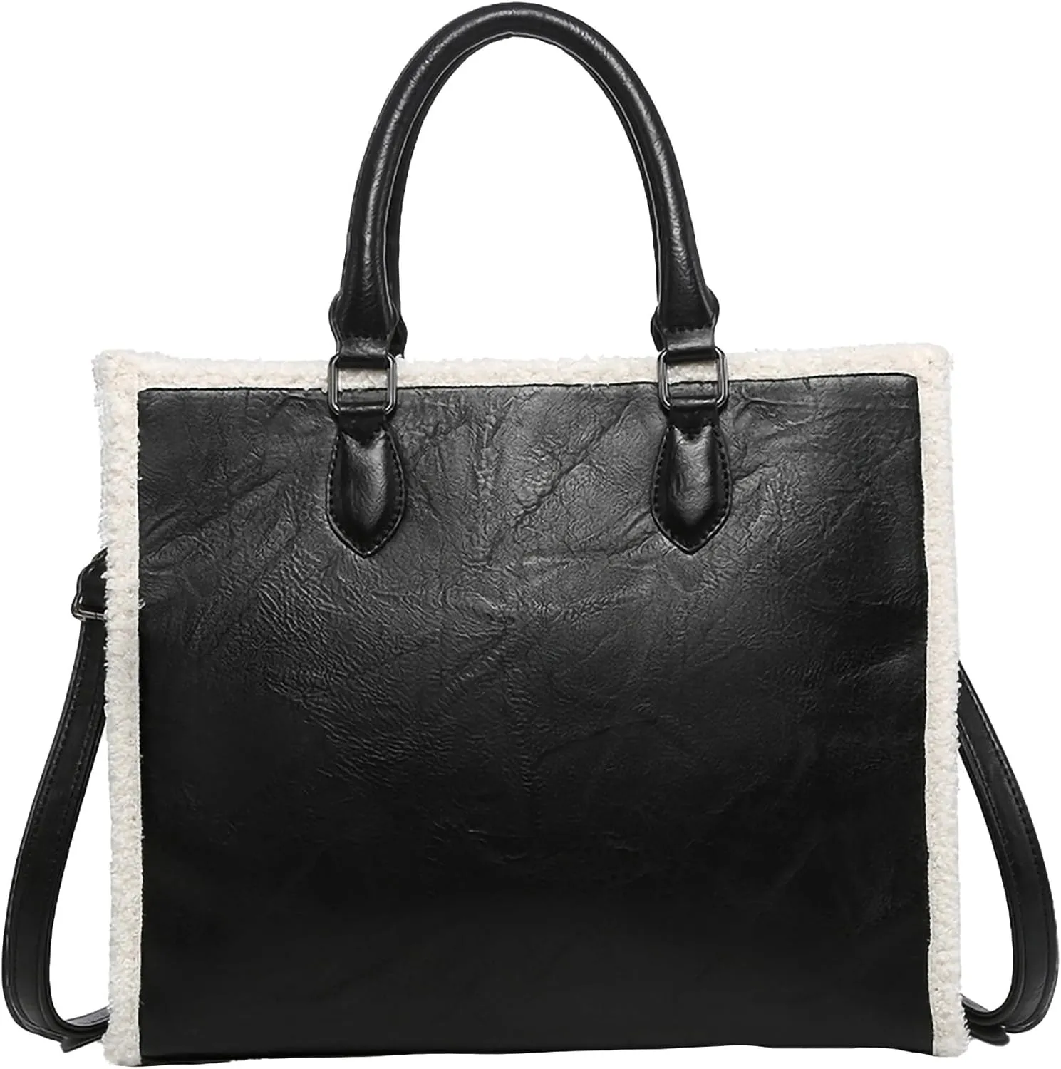 Jen and Co M2181-BK Bevin Sherpa Contrast Trim Tote, Vegan Leather Crossbody Handbag Purse, Black