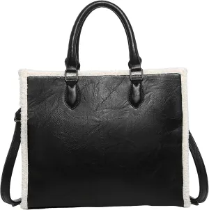Jen and Co M2181-BK Bevin Sherpa Contrast Trim Tote, Vegan Leather Crossbody Handbag Purse, Black