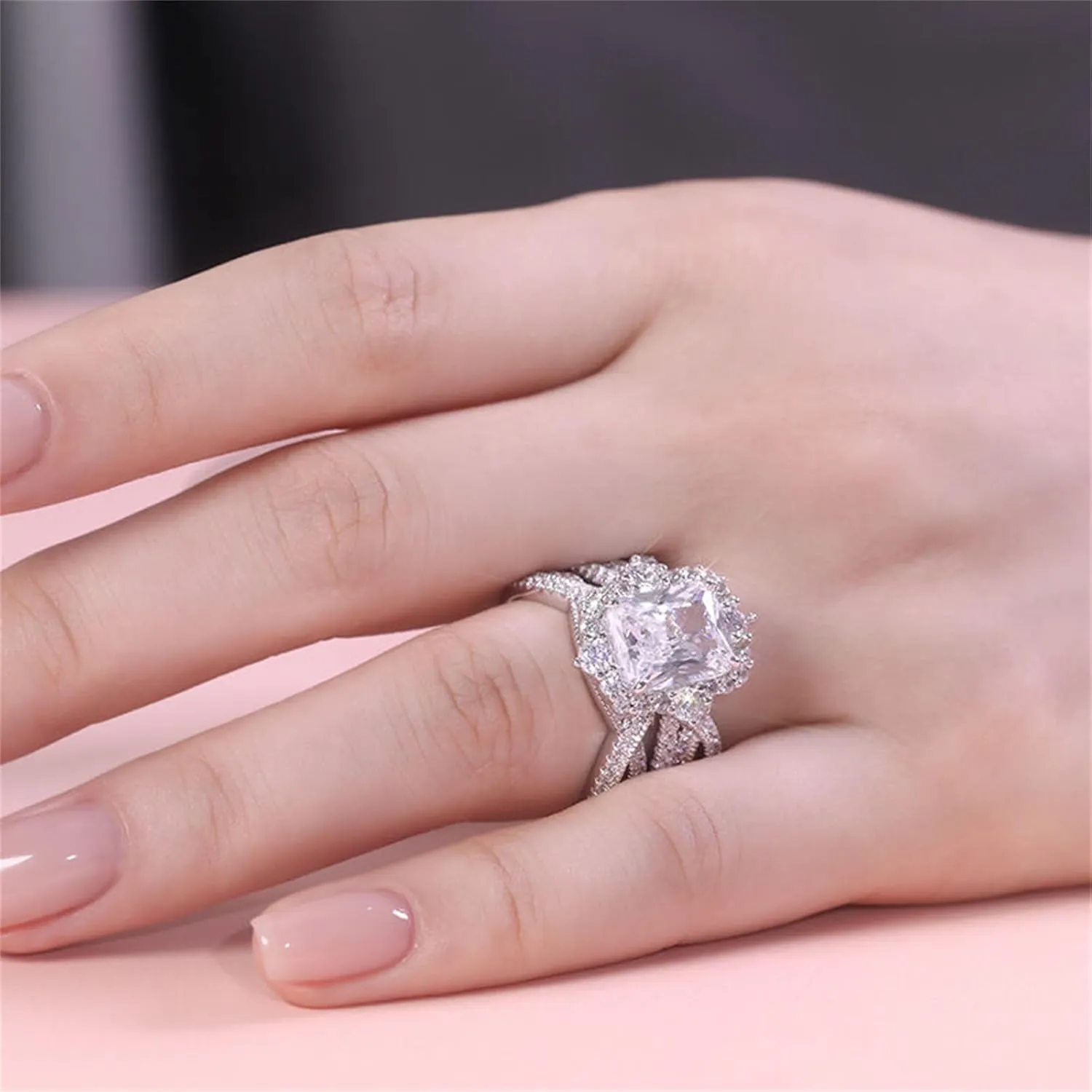 Jeulia 2 PC Interchangeable Engagement Ring Set for Women; 925 Sterling Silver Twisted Radiant Cut Diamond Wedding Ring Set CZ Anniversary Promise Rings for Her with Jewelry Gift Box