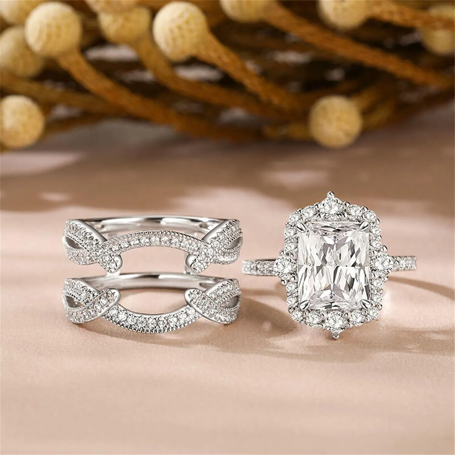 Jeulia 2 PC Interchangeable Engagement Ring Set for Women; 925 Sterling Silver Twisted Radiant Cut Diamond Wedding Ring Set CZ Anniversary Promise Rings for Her with Jewelry Gift Box