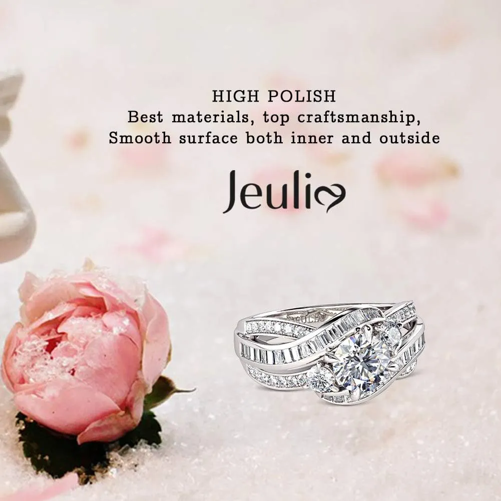 Jeulia Engagement Rings for Women Sterling Silver Three Stone Round Cut Intertwined Ring Cubic Zirconia Diamond Crossover Statement Ring Set Wedding Anniversary Promise Bridal Set with Gift Box
