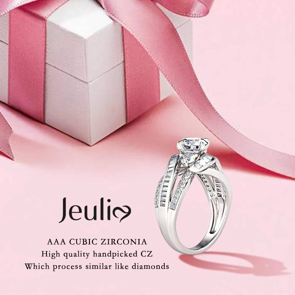 Jeulia Engagement Rings for Women Sterling Silver Three Stone Round Cut Intertwined Ring Cubic Zirconia Diamond Crossover Statement Ring Set Wedding Anniversary Promise Bridal Set with Gift Box