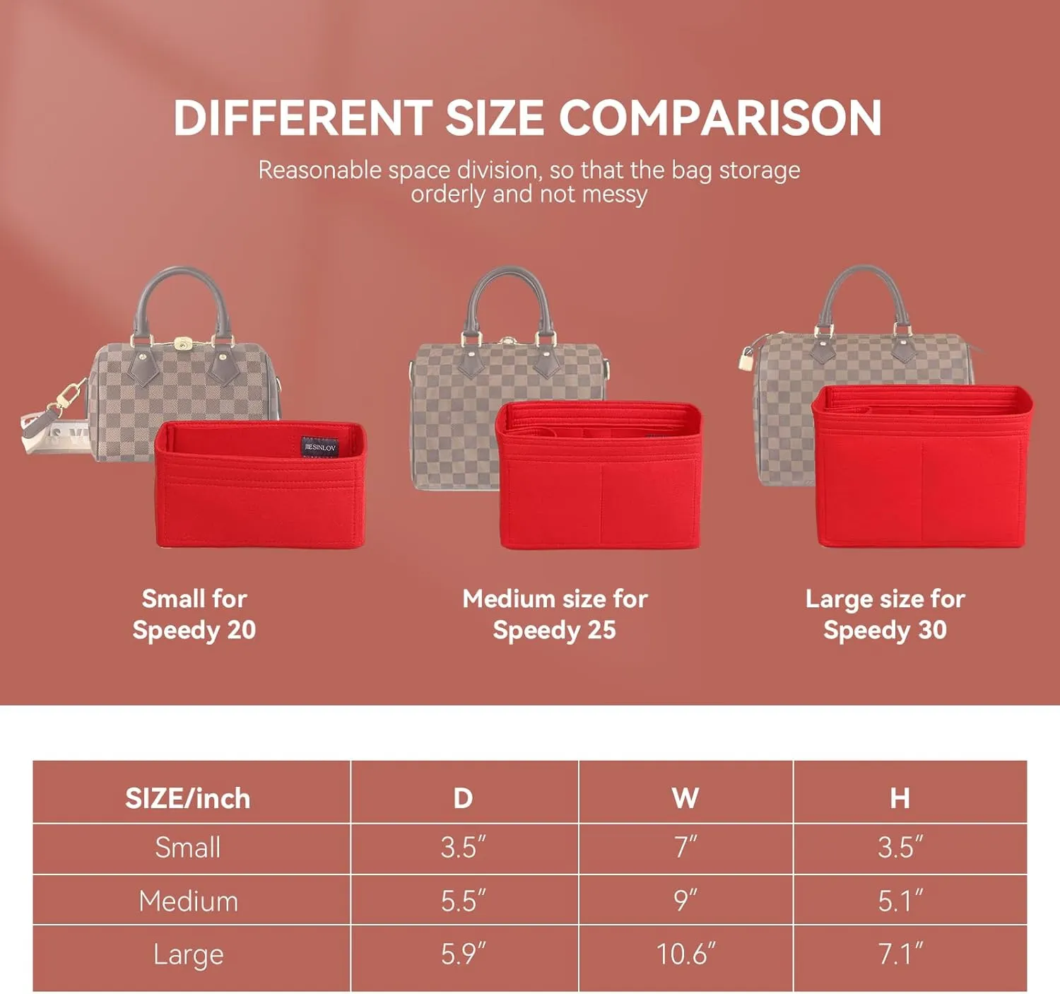 jiesinlov Purse Organizer Insert for Handbags,Felt Bag Organizers Compatible with Speedy 20(Red-20 SPD)