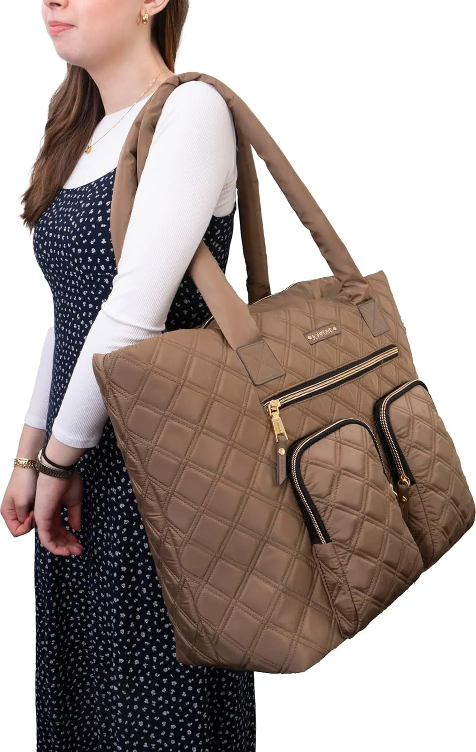 Joan & David 21 Inch Diamond Quilted Nylon Workbook Tote (Taupe)