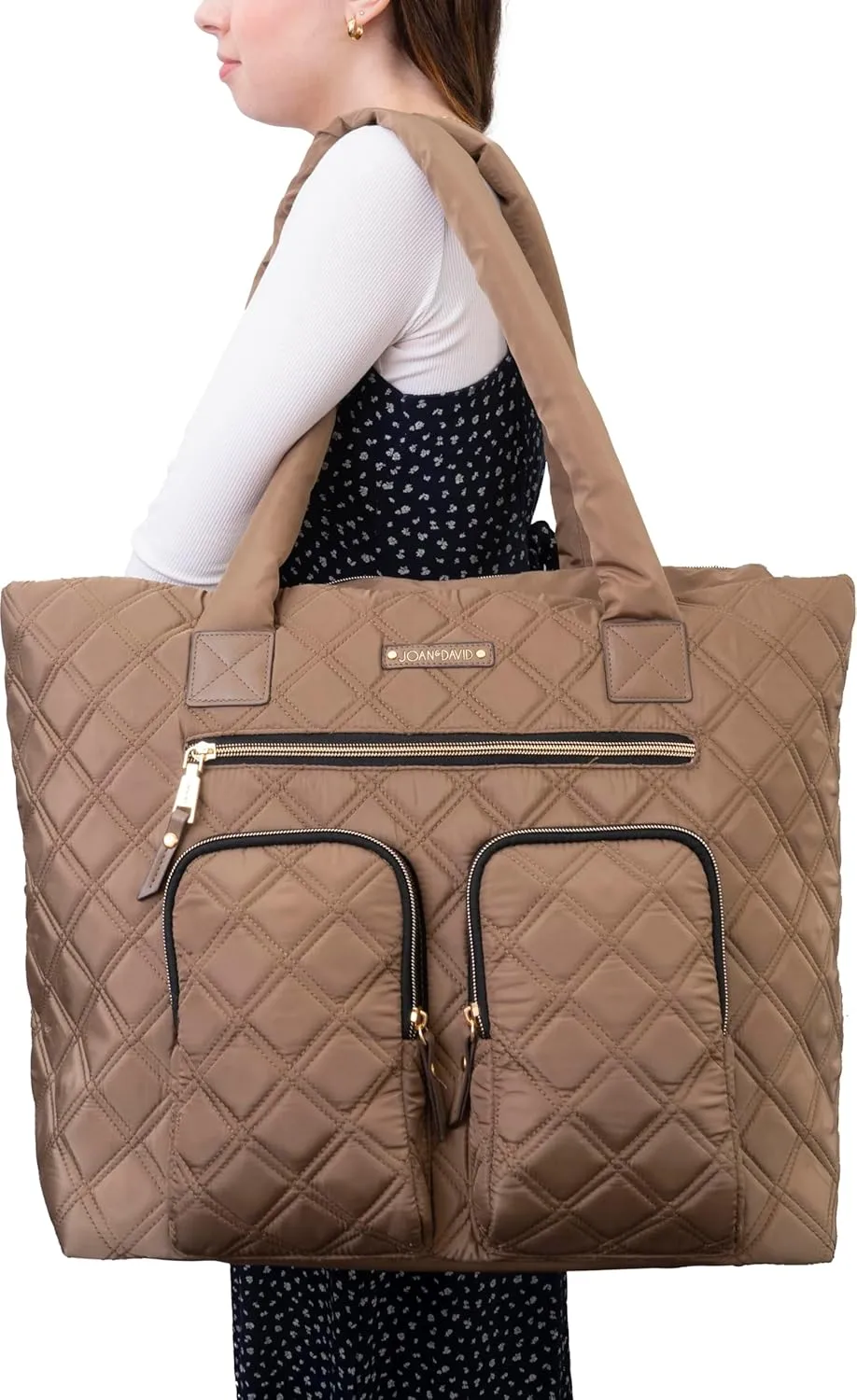 Joan & David 21 Inch Diamond Quilted Nylon Workbook Tote (Taupe)