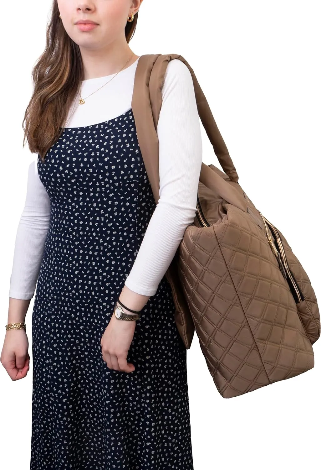 Joan & David 21 Inch Diamond Quilted Nylon Workbook Tote (Taupe)
