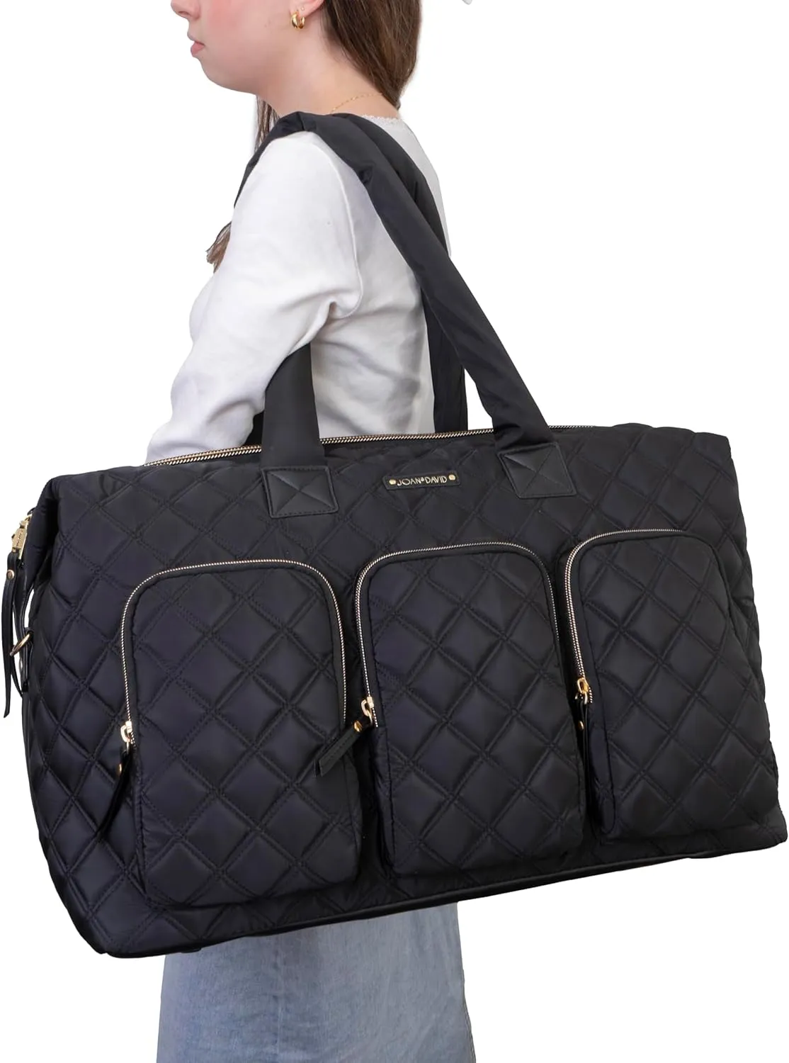Joan & David 22 Inch Diamond Quilted Nylon Weekender Duffle (Black)