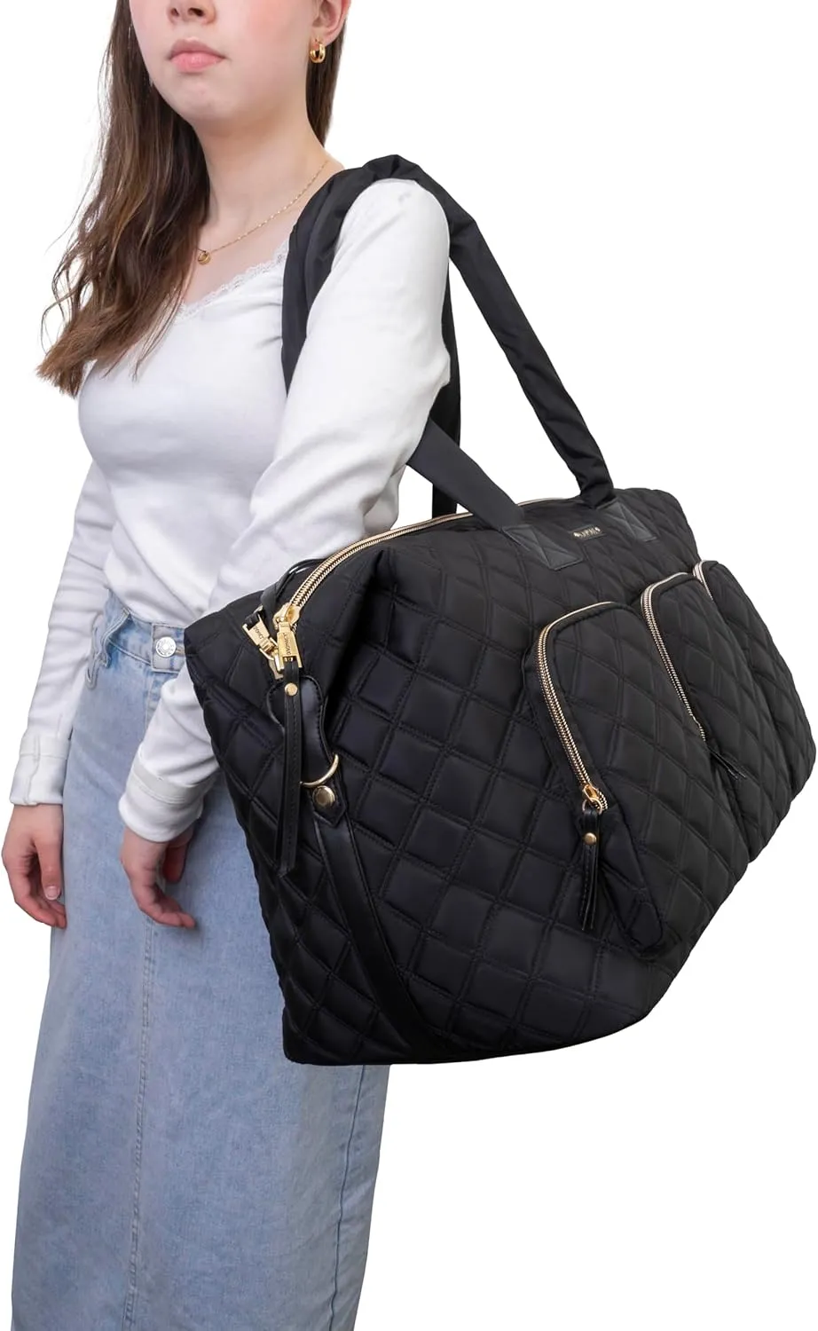 Joan & David 22 Inch Diamond Quilted Nylon Weekender Duffle (Black)