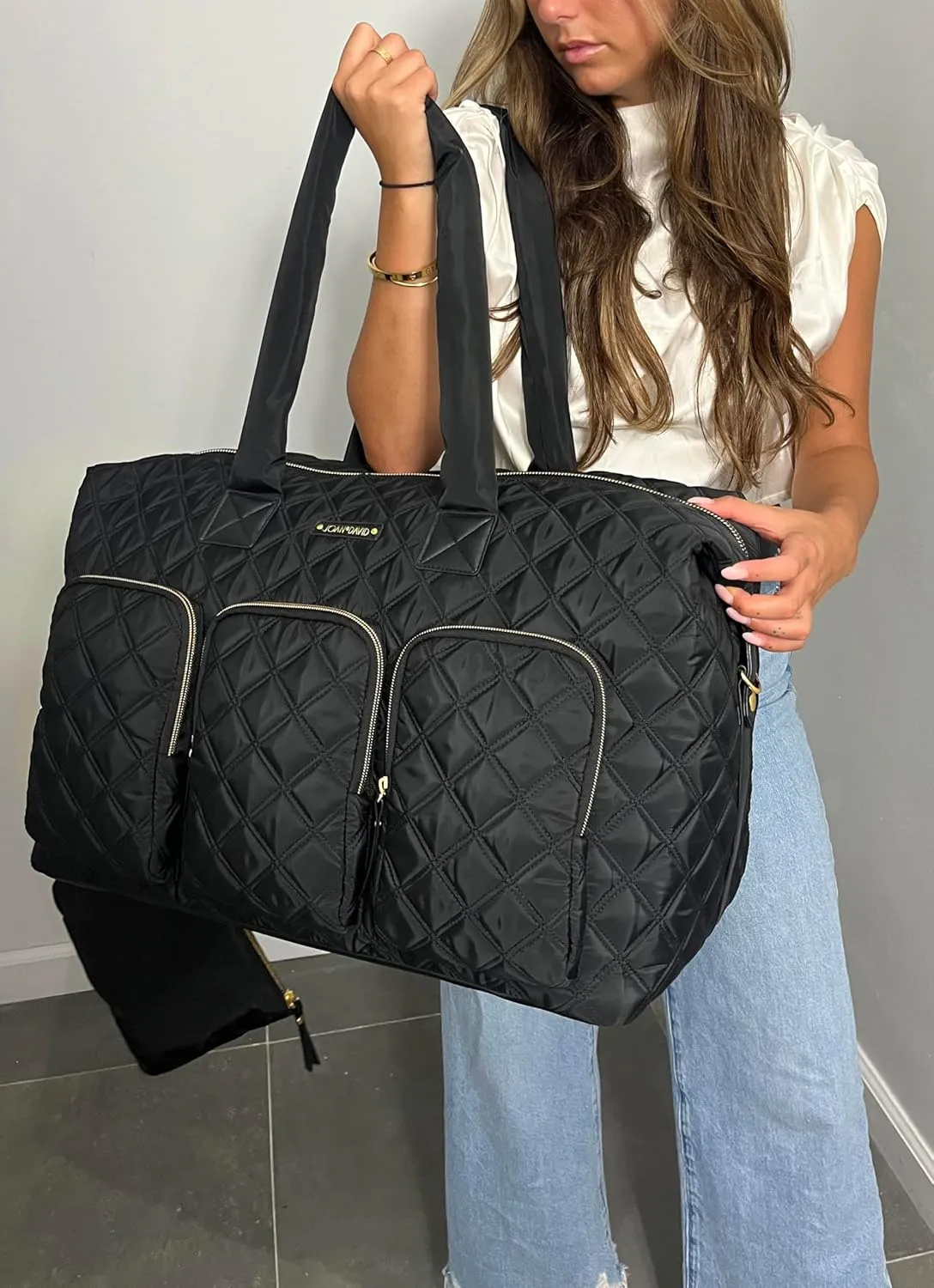 Joan & David 22 Inch Diamond Quilted Nylon Weekender Duffle (Black)