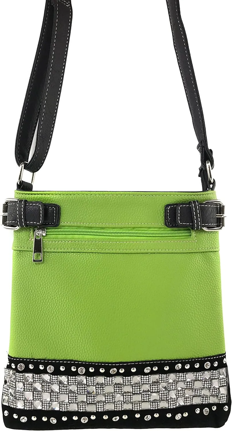 Justin West Concealed Carry Rhinestone Bling Crystal Pastel Zipper Messenger Cross Body Handbag Purse
