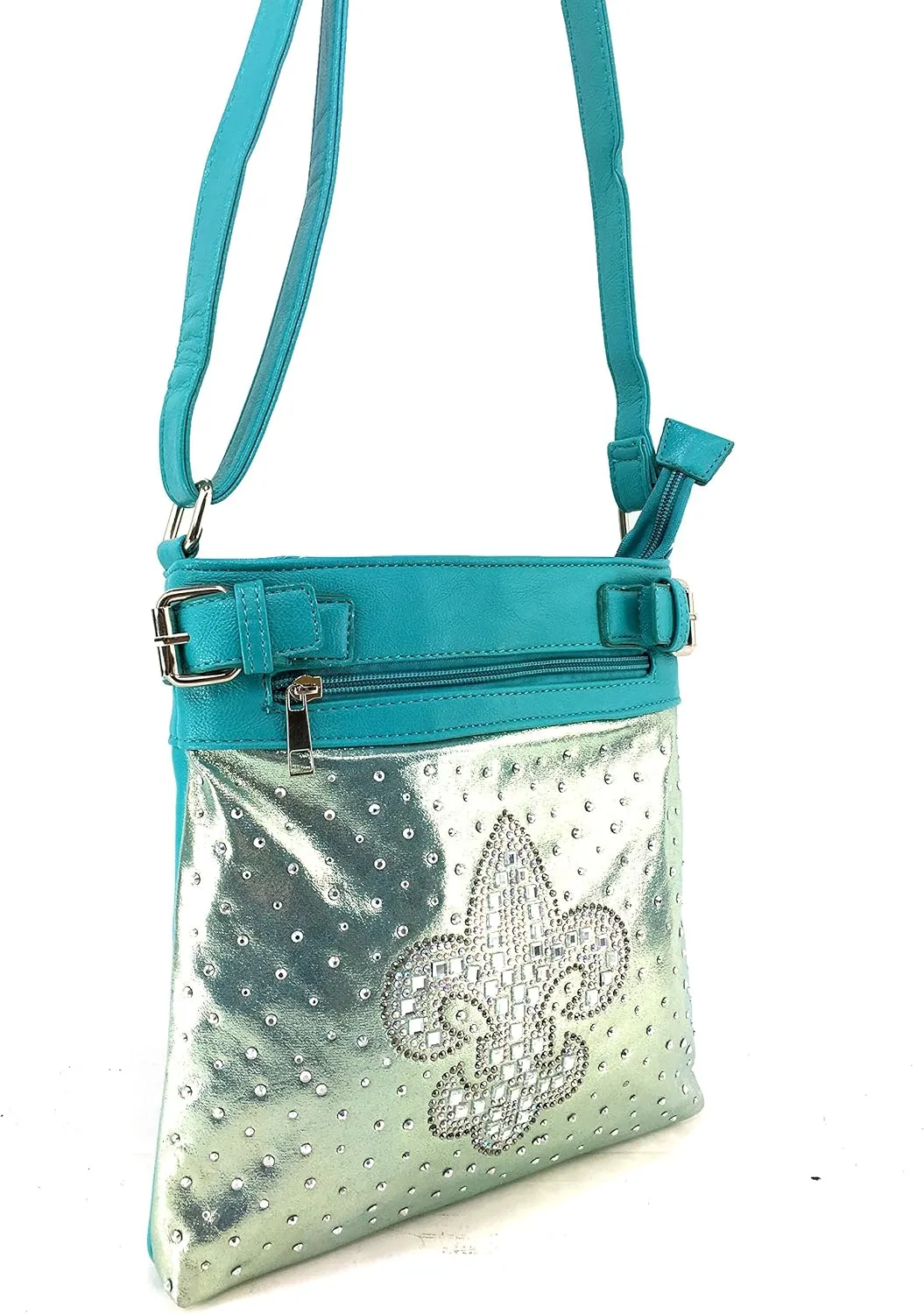 Justin West Concealed Carry Shiny Bling Gleaming Rhinestone Glass Fleur De Lis Messenger Cross Body Handbag Purse