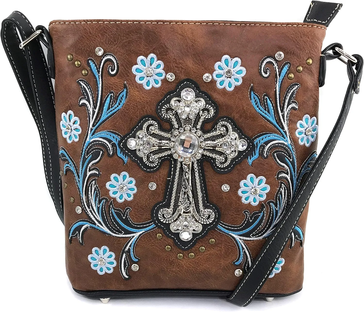 Justin West Rhinestone Cross Summer Flower Embroidery CCW Concealed Carry Shoulder Purse Handbag