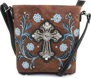 Justin West Rhinestone Cross Summer Flower Embroidery CCW Concealed Carry Shoulder Purse Handbag