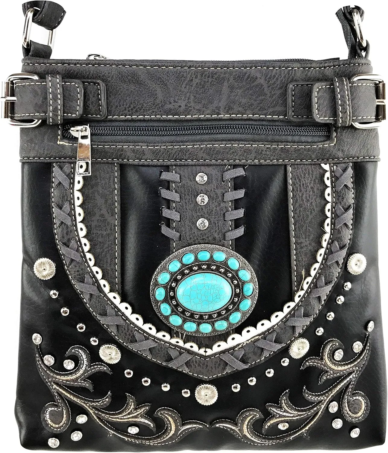 Justin West Tooled Gleaming Turquoise Stone Floral Laser Cut Rhinestone Messenger Bag Purse with Long Cross Body Strap