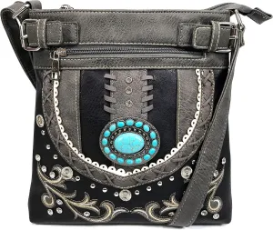 Justin West Tooled Gleaming Turquoise Stone Floral Laser Cut Rhinestone Messenger Bag Purse with Long Cross Body Strap