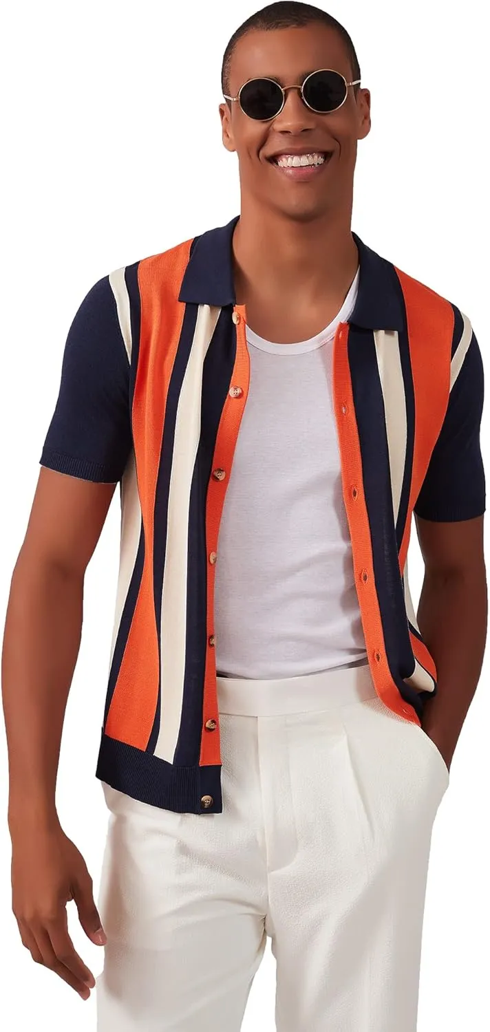 Kallspin Men's Vintage Knit Polo Shirt Short Sleeve Striped Button Down Knitting Golf Shirts