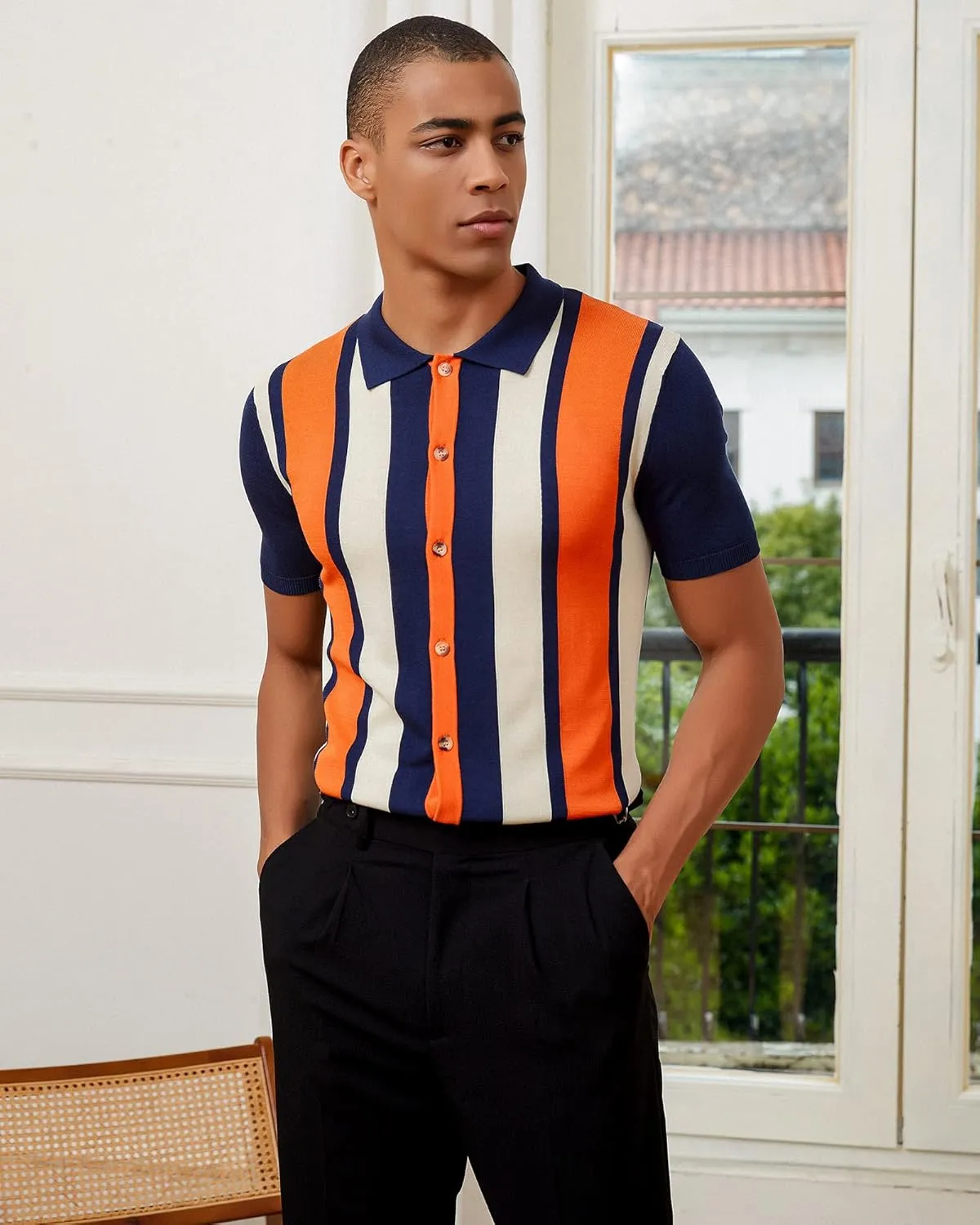 Kallspin Men's Vintage Knit Polo Shirt Short Sleeve Striped Button Down Knitting Golf Shirts