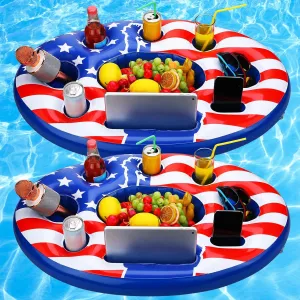 Karenhi 2 Pcs Large Patriotic Floating Drink Holder for Pool 9 Holes USA Inflatable Pool Bar 4th of July Red White Blue Drink Floaties Tray for Independence Day National Day Swim Beach Party Accessory