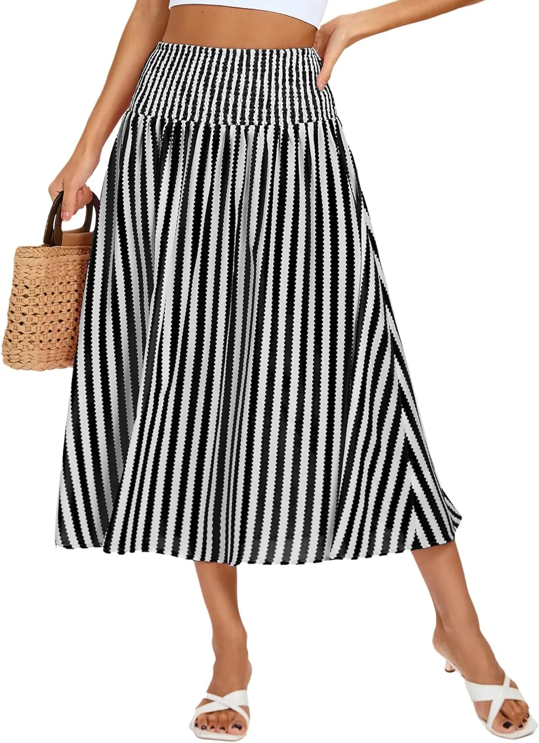 Kate Kasin Women Smocked Summer Beach Skirt Flowy Boho Maxi Long Skirt A Line Striped Tummy Control Skirts 2025 Trendy