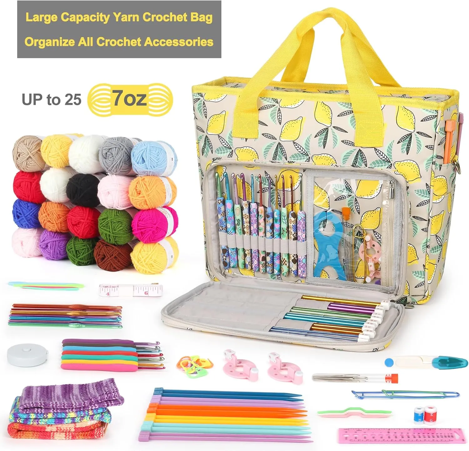 Katech Crochet Bag with Beginner Crochet Books, Large Capacity Yarn Storage Organizer Crochet Tote Bag for Carry Projects Crochet Supplies Knitting Accessories, Yarn Storage Bag with Shoulder Strap