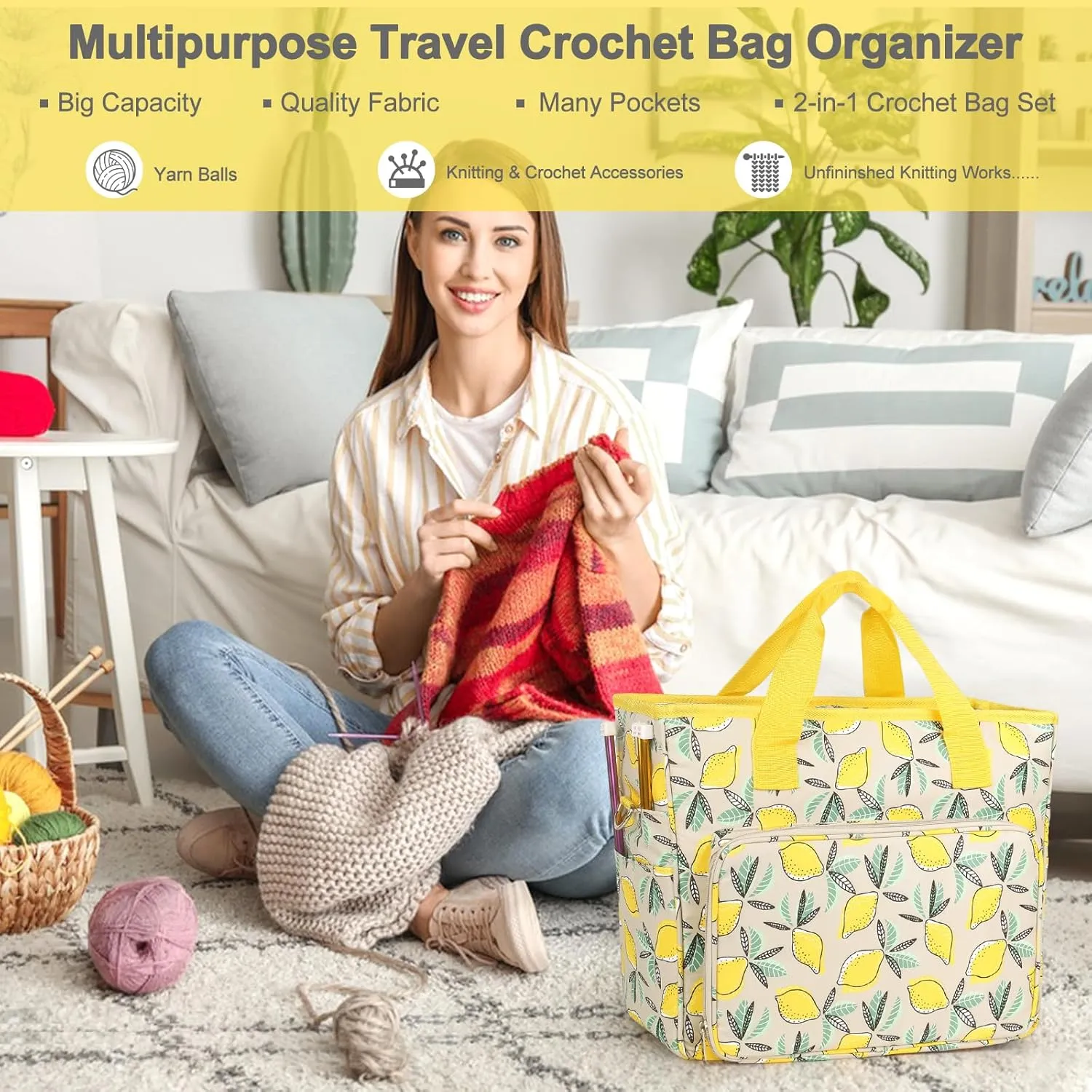 Katech Crochet Bag with Beginner Crochet Books, Large Capacity Yarn Storage Organizer Crochet Tote Bag for Carry Projects Crochet Supplies Knitting Accessories, Yarn Storage Bag with Shoulder Strap