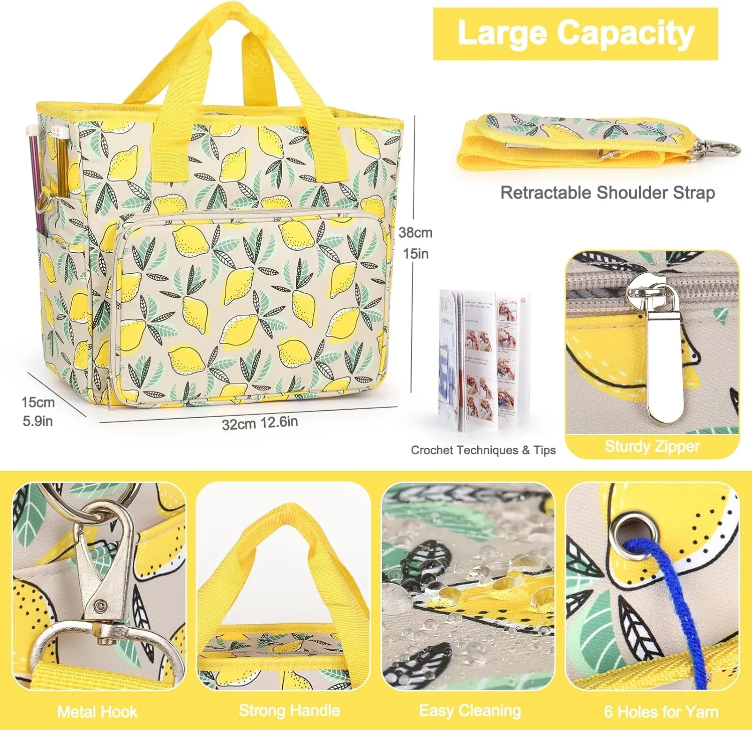 Katech Crochet Bag with Beginner Crochet Books, Large Capacity Yarn Storage Organizer Crochet Tote Bag for Carry Projects Crochet Supplies Knitting Accessories, Yarn Storage Bag with Shoulder Strap