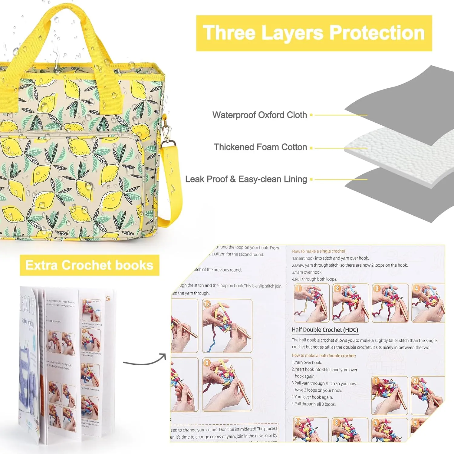 Katech Crochet Bag with Beginner Crochet Books, Large Capacity Yarn Storage Organizer Crochet Tote Bag for Carry Projects Crochet Supplies Knitting Accessories, Yarn Storage Bag with Shoulder Strap