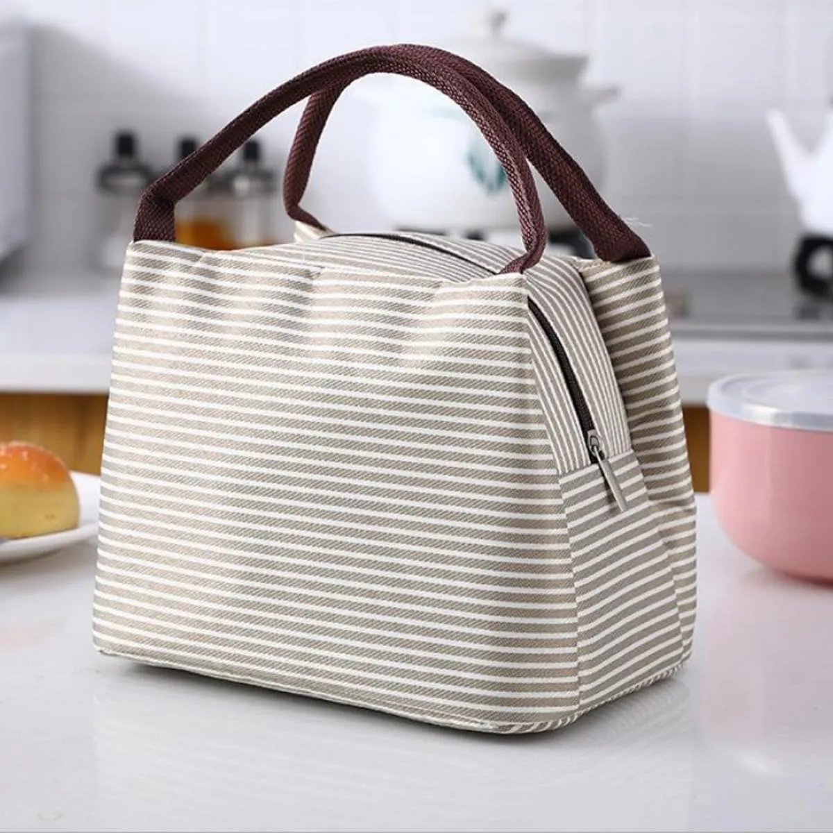 Kawaii Lunch Bag Men's Striped Lunch Box Reusable Warm Lunch Bento Bag Men's and Women's Handbags (Beige,One Size)