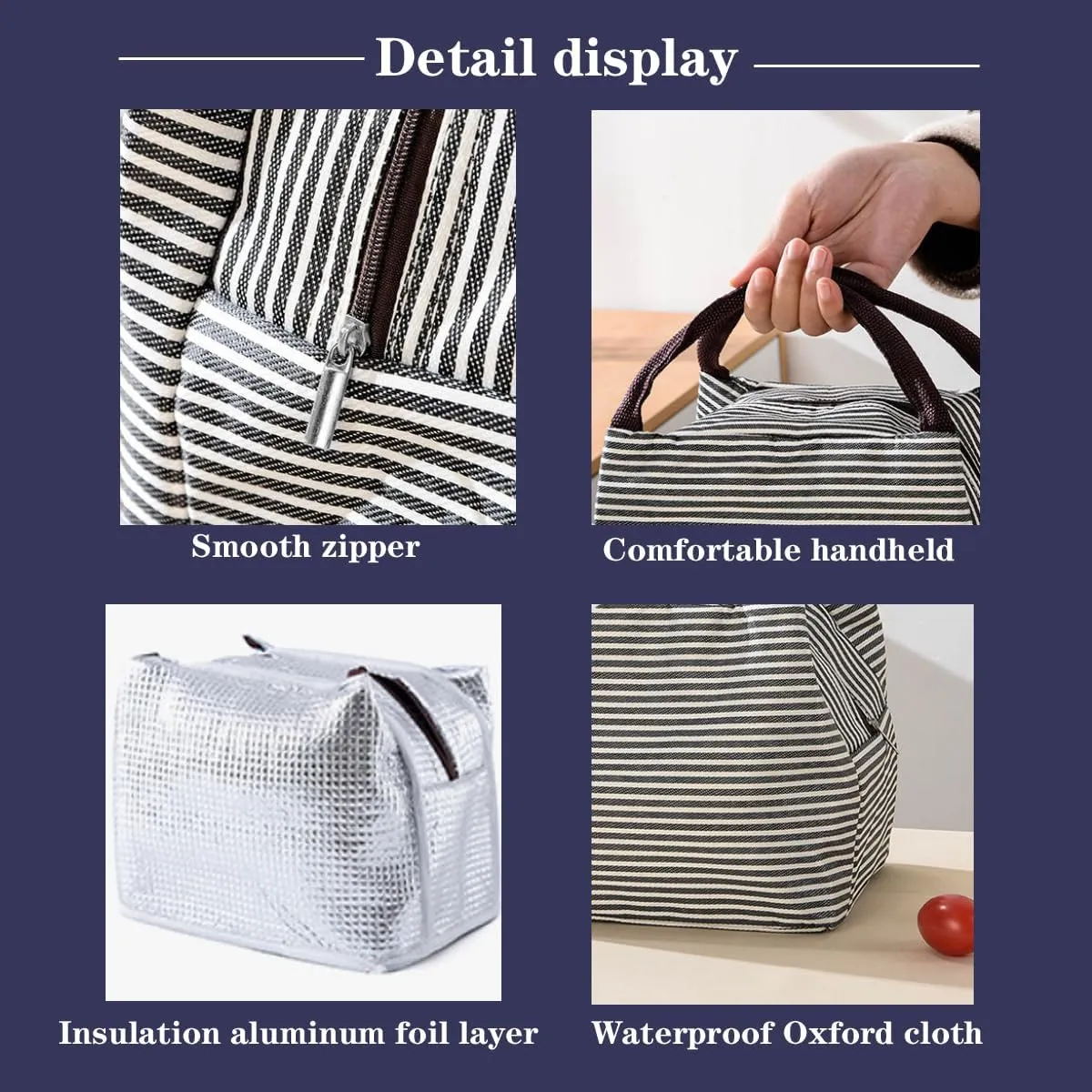 Kawaii Lunch Bag Men's Striped Lunch Box Reusable Warm Lunch Bento Bag Men's and Women's Handbags (Beige,One Size)