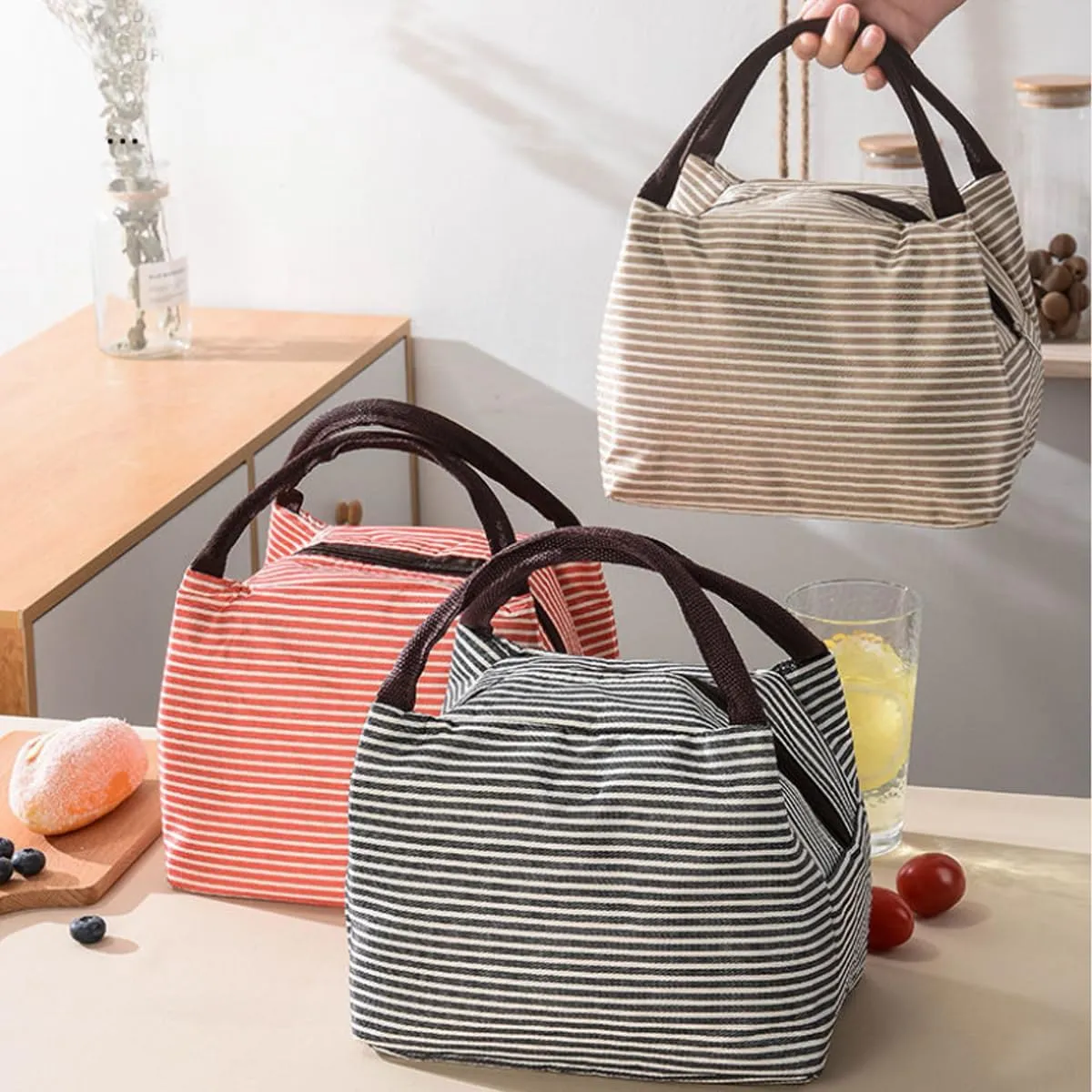 Kawaii Lunch Bag Men's Striped Lunch Box Reusable Warm Lunch Bento Bag Men's and Women's Handbags (Beige,One Size)