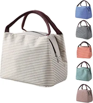Kawaii Lunch Bag Men's Striped Lunch Box Reusable Warm Lunch Bento Bag Men's and Women's Handbags (Beige,One Size)