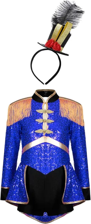 Kids Girls Sequins Drum Majorette Costume Long Sleeve Leotard Tail Dance Dress with Hat