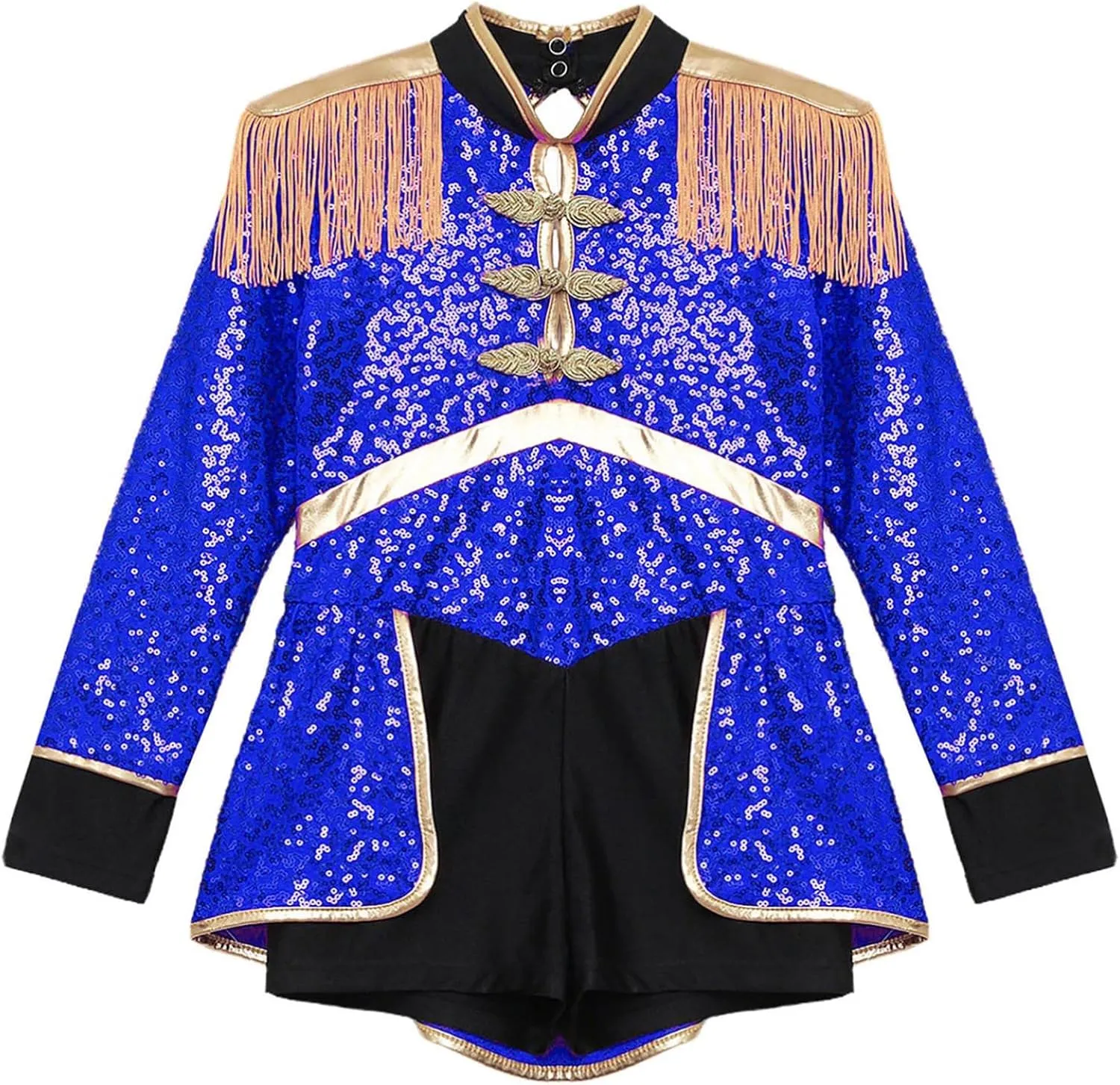 Kids Girls Sequins Drum Majorette Costume Long Sleeve Leotard Tail Dance Dress with Hat