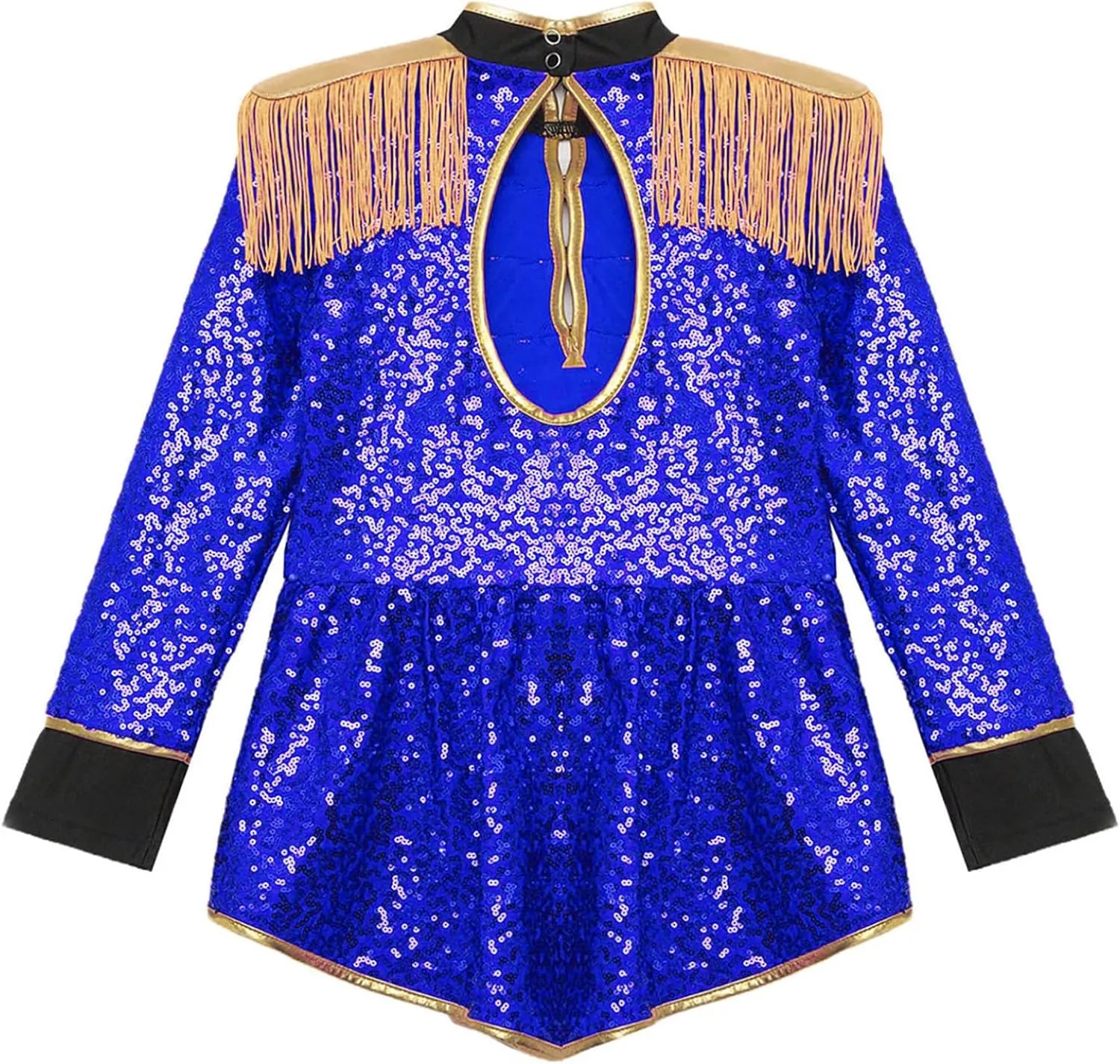 Kids Girls Sequins Drum Majorette Costume Long Sleeve Leotard Tail Dance Dress with Hat
