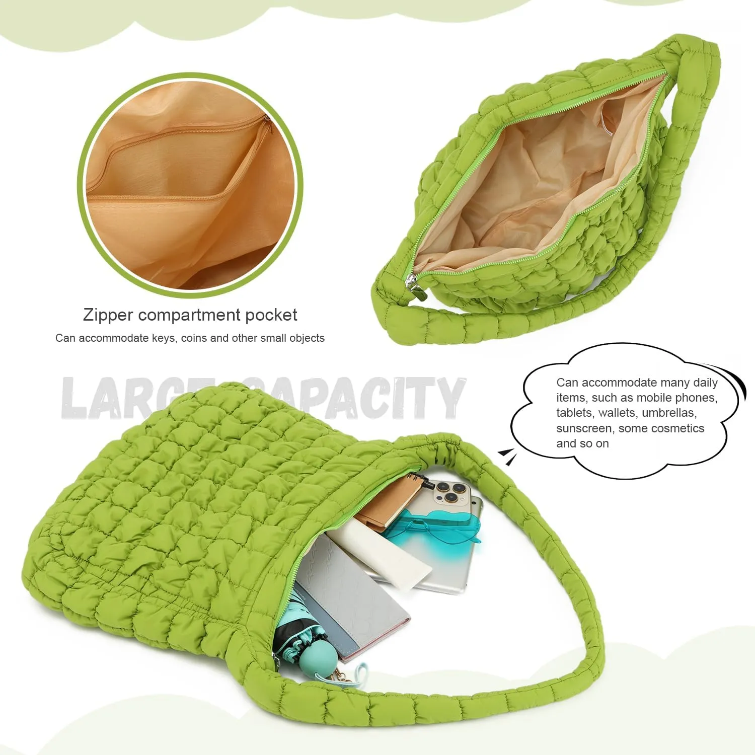 KUANG! Large Puffer Tote Bag for Women Cute Quilted Tote Bag Crossbody Puffy HandBag Cotton Padded Shoulder Bag