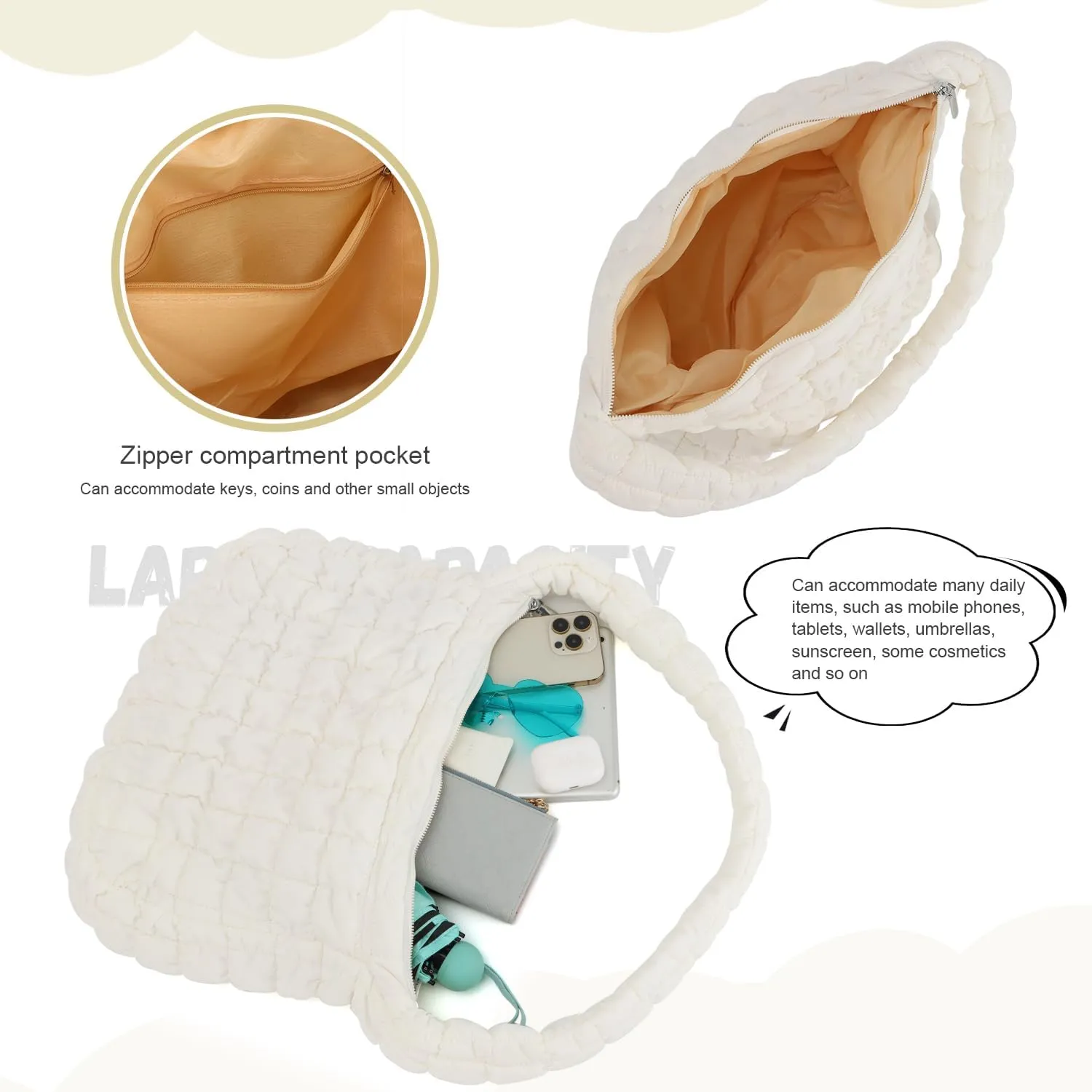 KUANG! Large Puffer Tote Bag for Women Cute Quilted Tote Bag Crossbody Puffy HandBag Cotton Padded Shoulder Bag