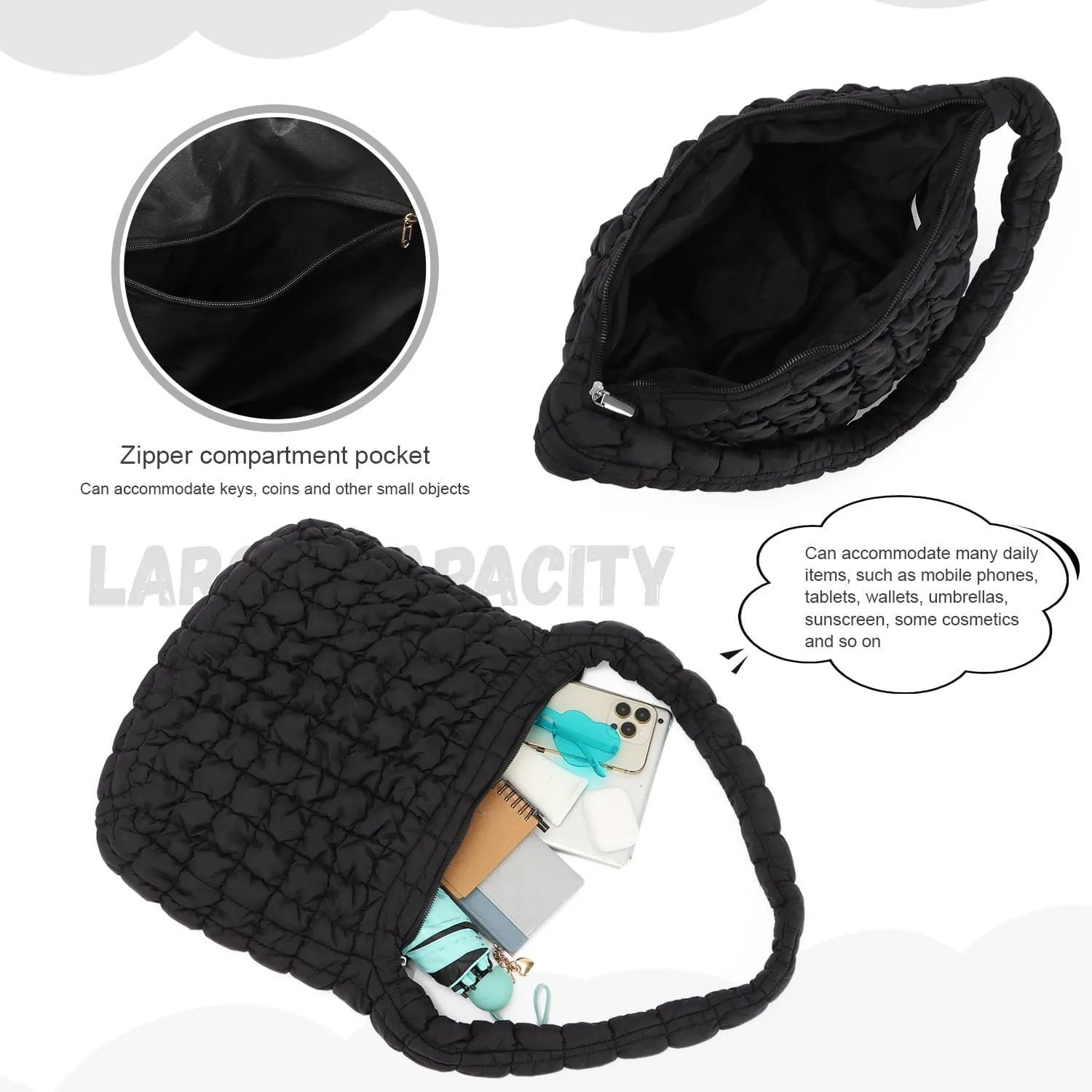 KUANG! Large Puffer Tote Bag for Women Cute Quilted Tote Bag Crossbody Puffy HandBag Cotton Padded Shoulder Bag