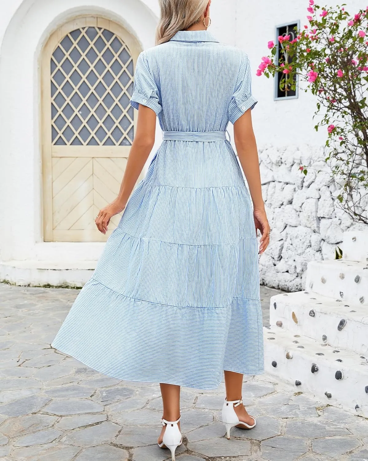 Ladyful Women's Striped Shirt Babydoll Dress Short Sleeve Beach Tiered Sundress with Belt