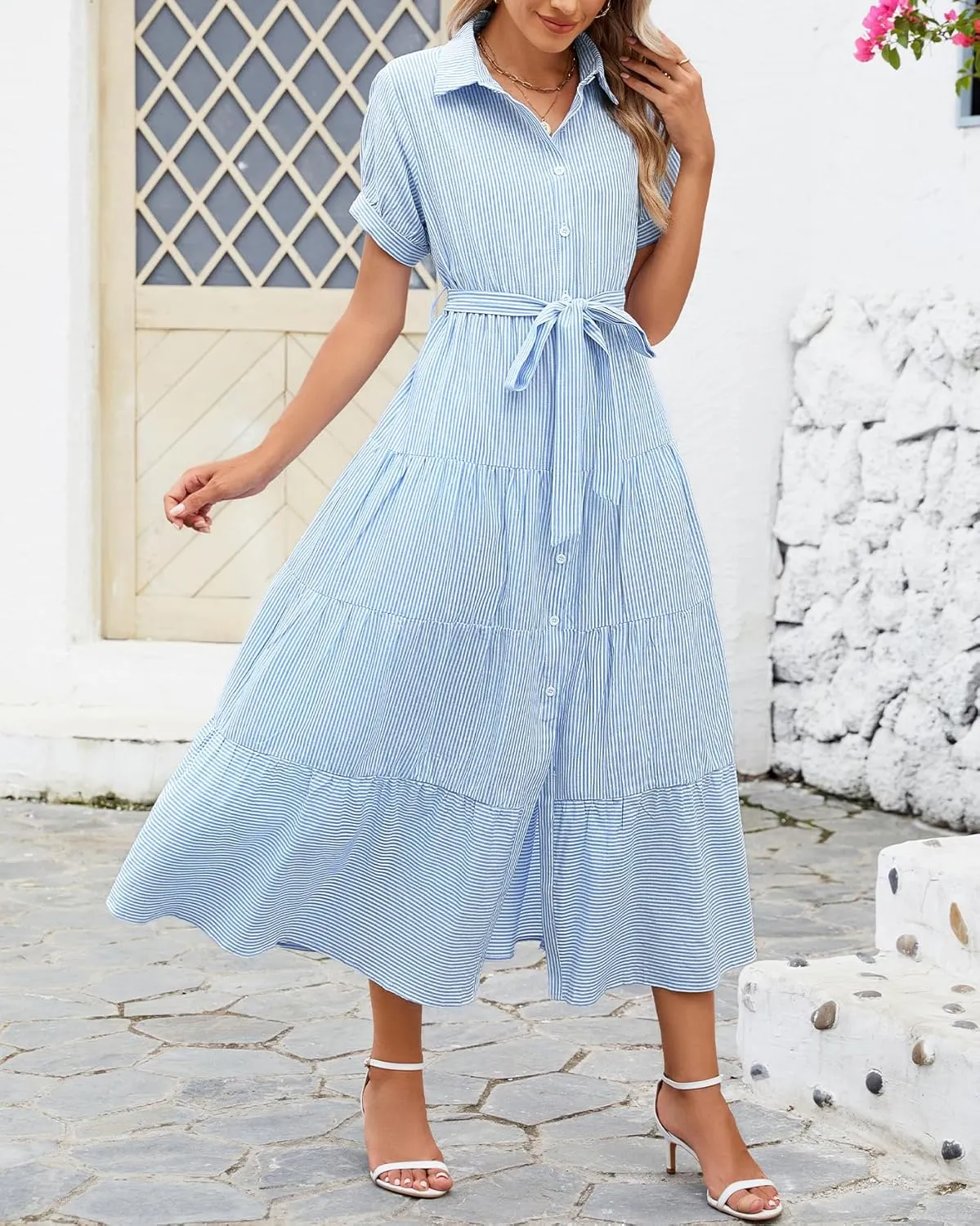 Ladyful Women's Striped Shirt Babydoll Dress Short Sleeve Beach Tiered Sundress with Belt