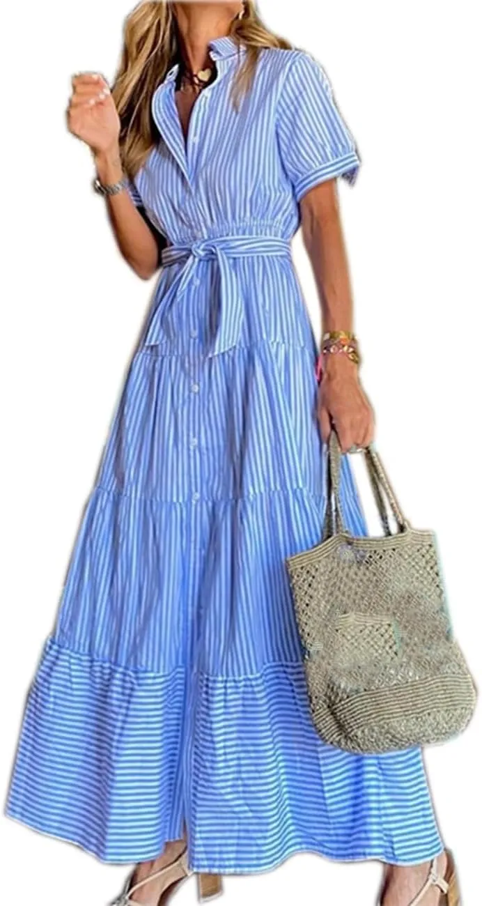 Ladyful Women's Striped Shirt Babydoll Dress Short Sleeve Beach Tiered Sundress with Belt