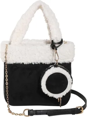 Lamb Wool Shoulder Bag for Women - Small Suede Tote Handbag - Soft Plush Fluffy Crossbody Top Handle Bag 2pcs Set