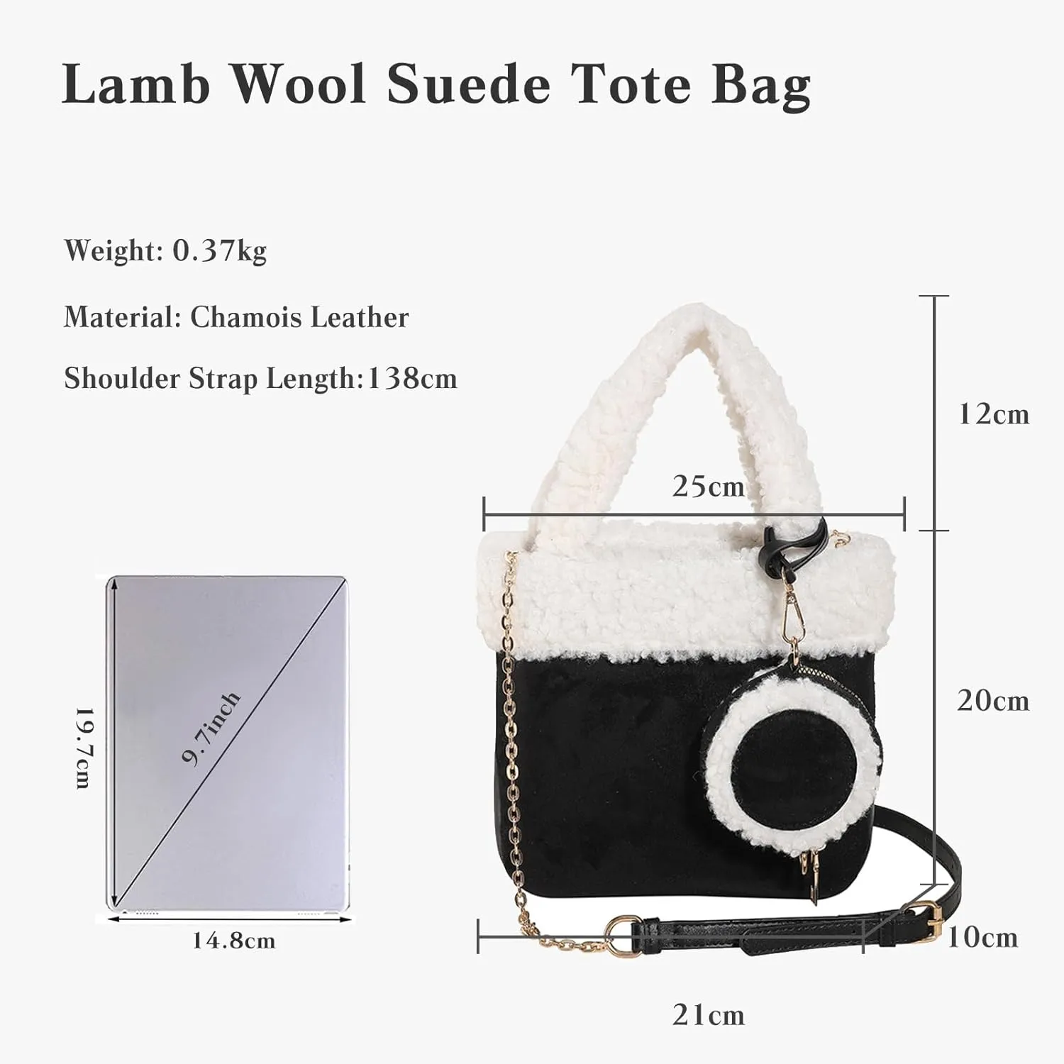 Lamb Wool Shoulder Bag for Women - Small Suede Tote Handbag - Soft Plush Fluffy Crossbody Top Handle Bag 2pcs Set