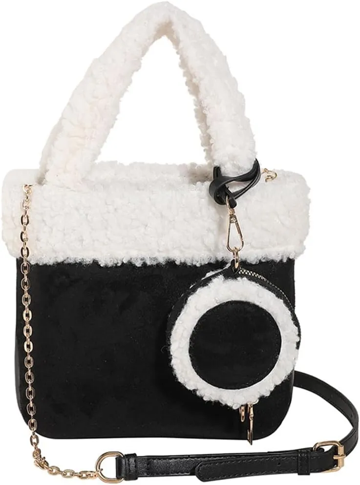 Lamb Wool Shoulder Bag for Women - Small Suede Tote Handbag - Soft Plush Fluffy Crossbody Top Handle Bag 2pcs Set
