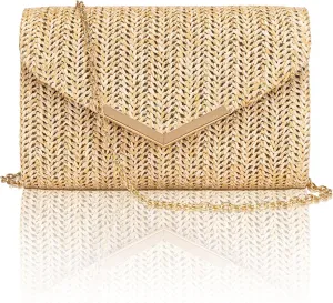 Larcenciel Straw Purse for Women, Summer Woven Beach Purse Trendy with Chain Strap, Boho Envelope Evening Clutch Handbag, Brown Crossbody Shoulder Party Bag for Wedding, Prom, Cocktail Night, Vacation
